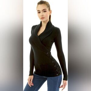 AmélieBoutik Women Shawl Collar Faux Wrap Lace Up Long Sleeve Sweater M …